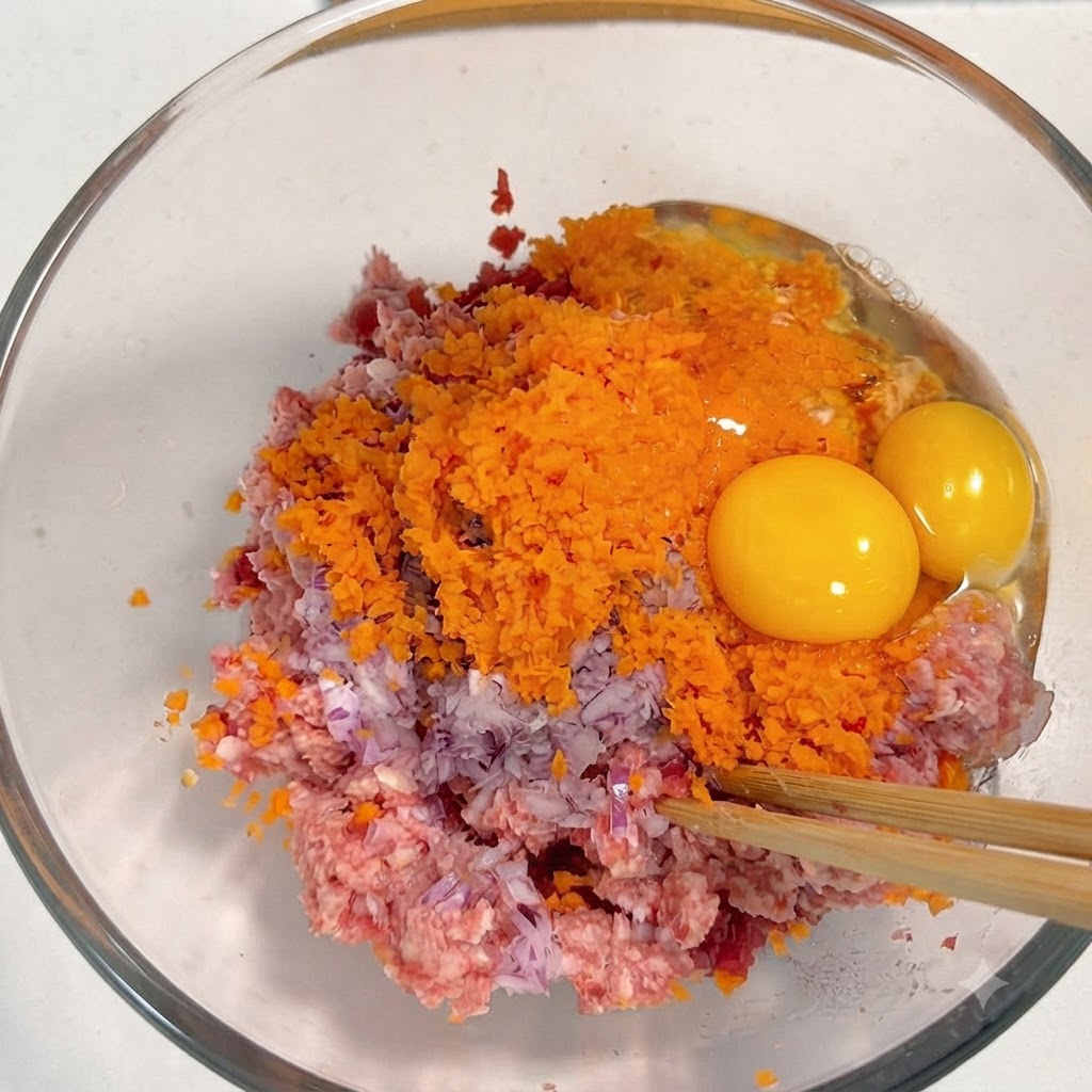 Two whole raw egg yolks sitting on top of grated orange carrots, purple onions, and minced meat inside a clear glass bowl.