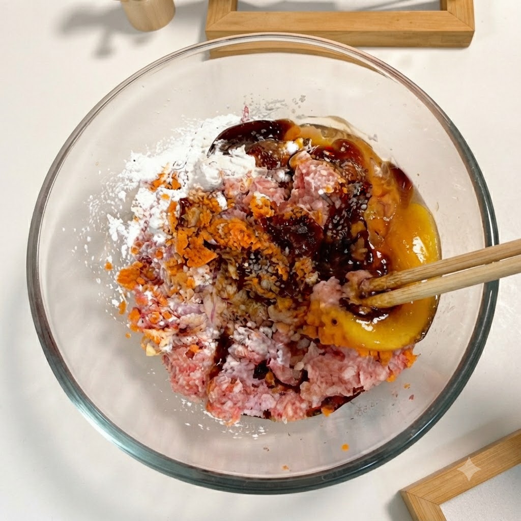 A pair of wooden chopsticks mixing dark sauces, white starch, and other ingredients into the meat and vegetable mixture inside a glass bowl.