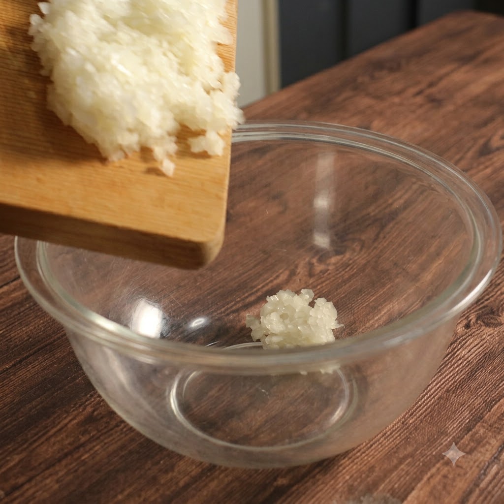 Minced onions inside a clear glass bowl covered tightly with plastic wrap ready for the microwave.