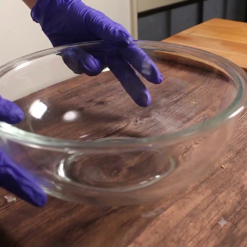 A large glass bowl containing ground meat seasoned with salt, being mixed thoroughly by hand wearing blue gloves.