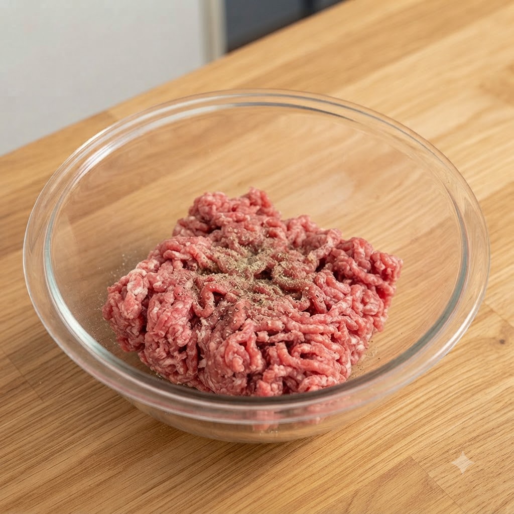 Ground meat in a glass bowl mixed with white pepper, egg, and softened onion pieces.