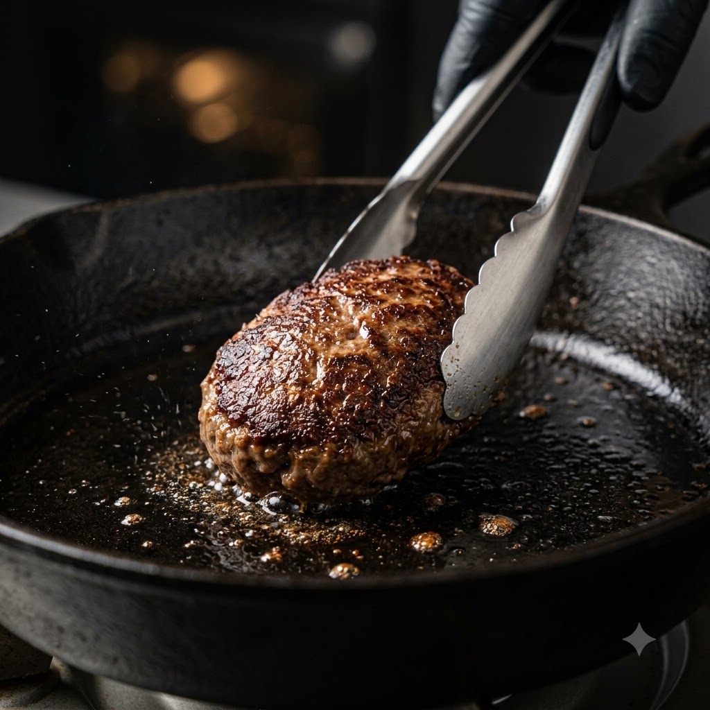 A shaped meat patty searing and browning in a hot cast-iron skillet being handled with metal tongs.