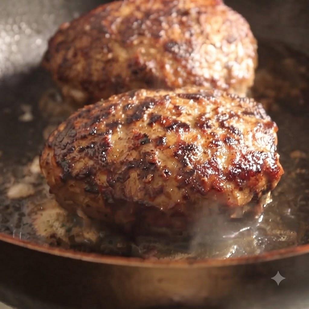 Searing meat patties in a pan with water steaming under a glass lid.