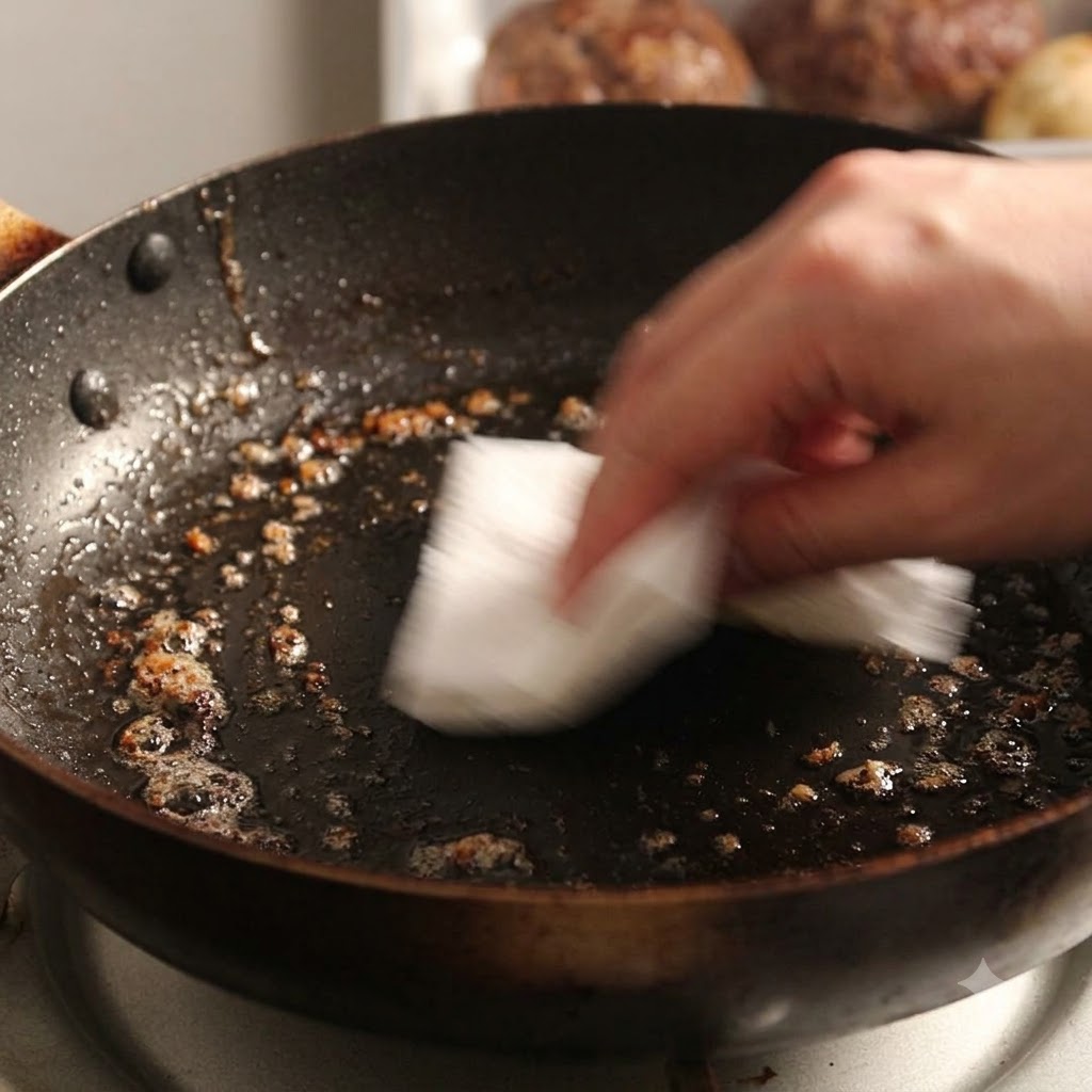 A hand using a paper towel to clean excess grease from the bottom of a hot skillet.