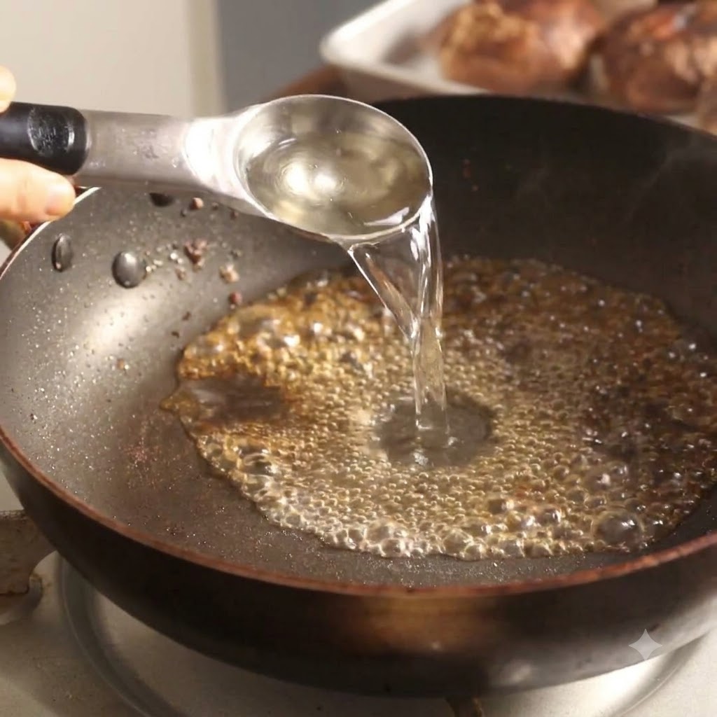 Sake being poured from a measuring spoon into a hot skillet with bubbling liquid.