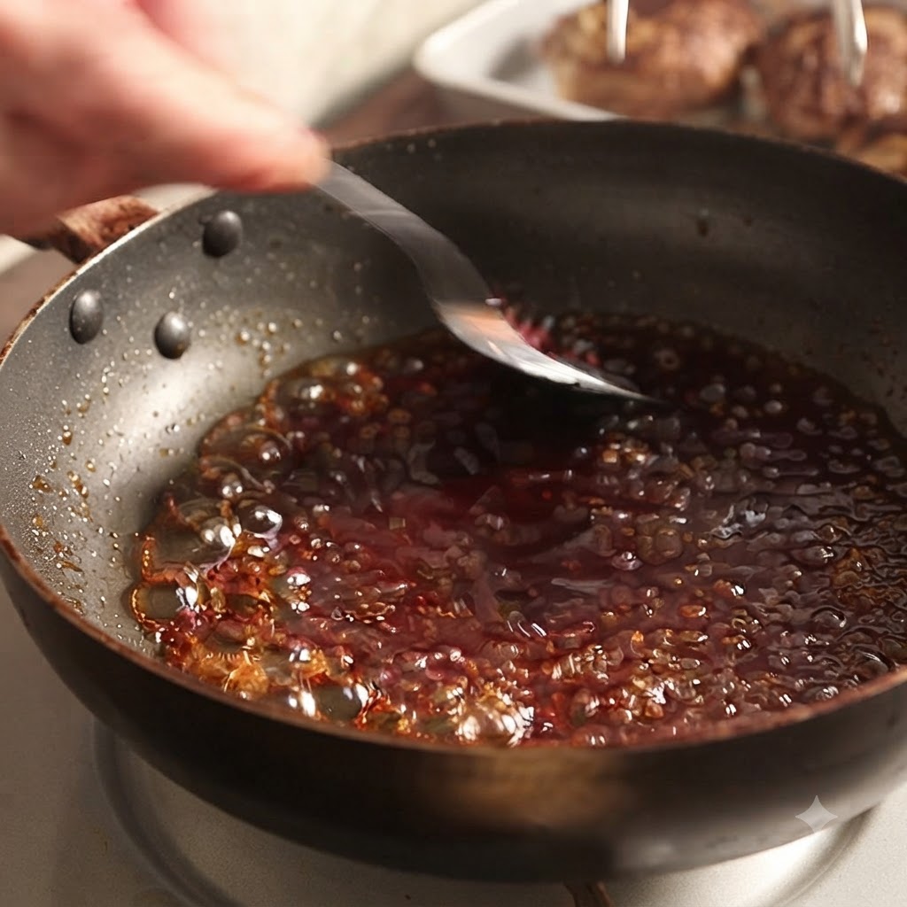 Starch slurry being poured into a pan filled with bubbling brown sauce and stirred with a spoon.
