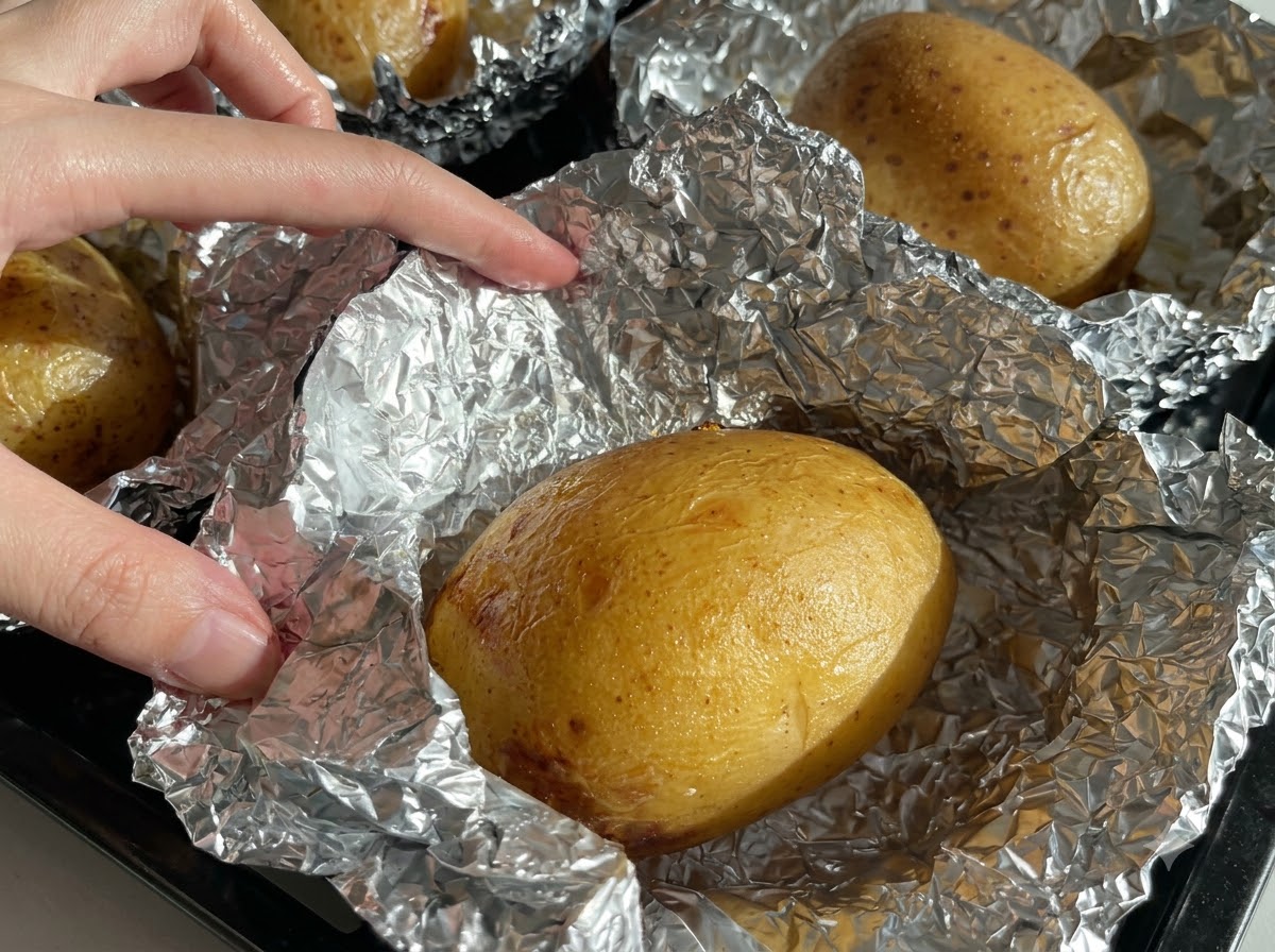 A baked potato being sliced in half lengthwise on a wooden board.