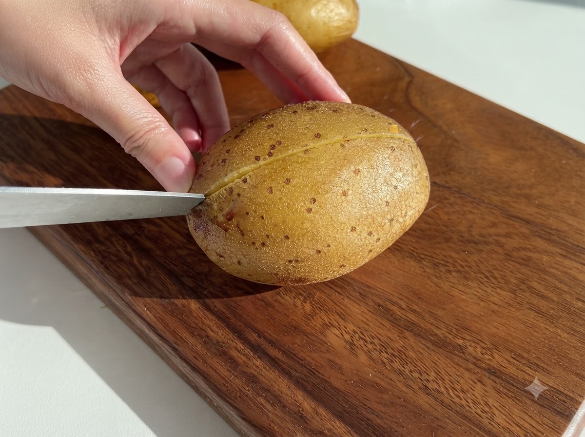 The soft interior of a baked potato being scooped out into a bowl.