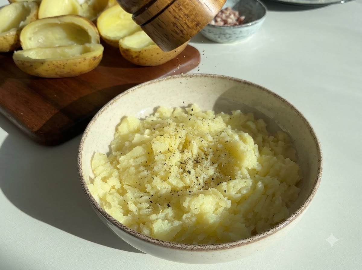 Black pepper being seasoned onto a bowl of freshly mashed potatoes.
