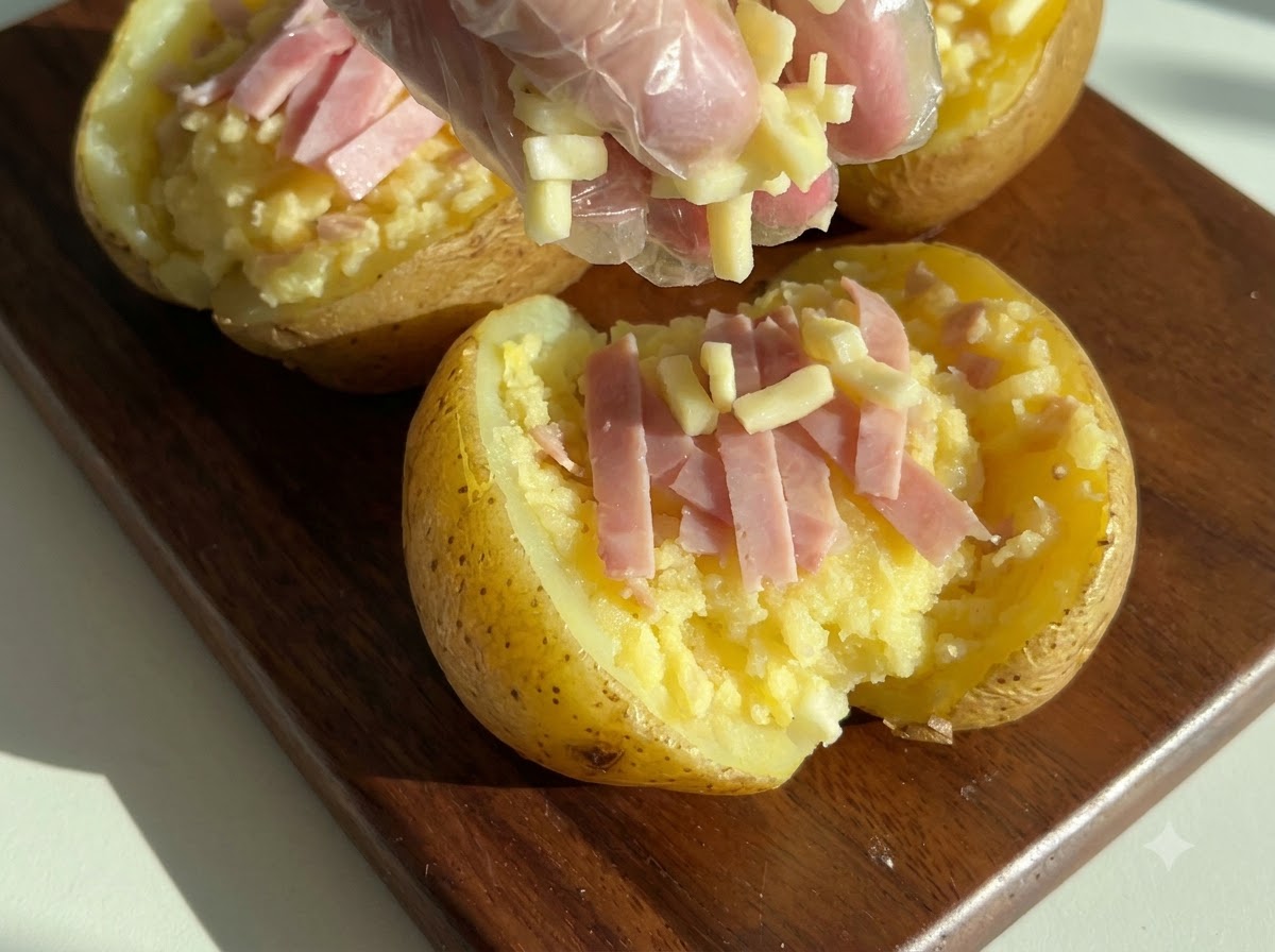 A gloved hand sprinkling shredded cheese and chopped ham over scooped potato skins filled with mash.