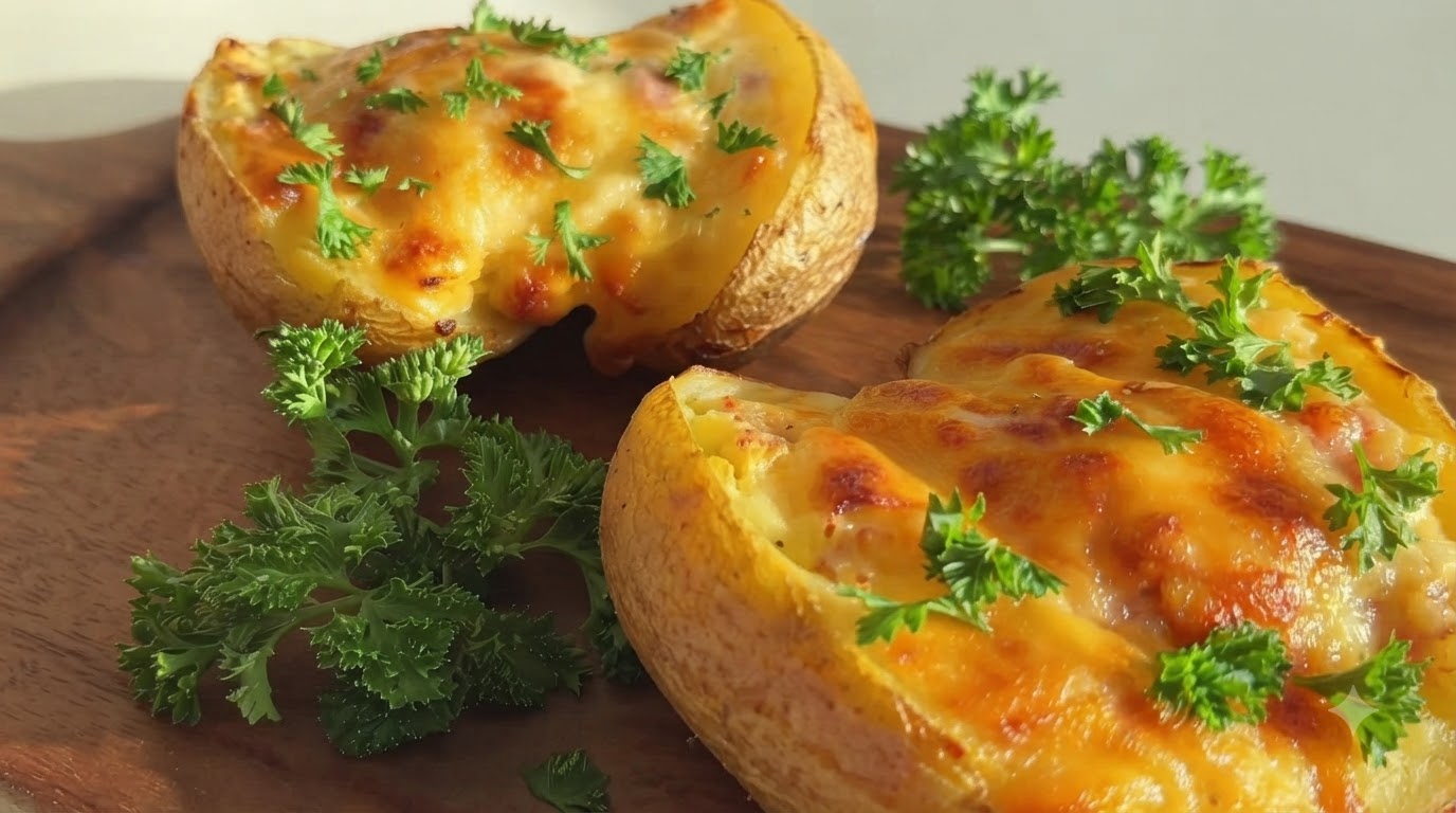 Two halves of a baked stuffed potato on a wooden board, topped with melted cheese and fresh parsley.