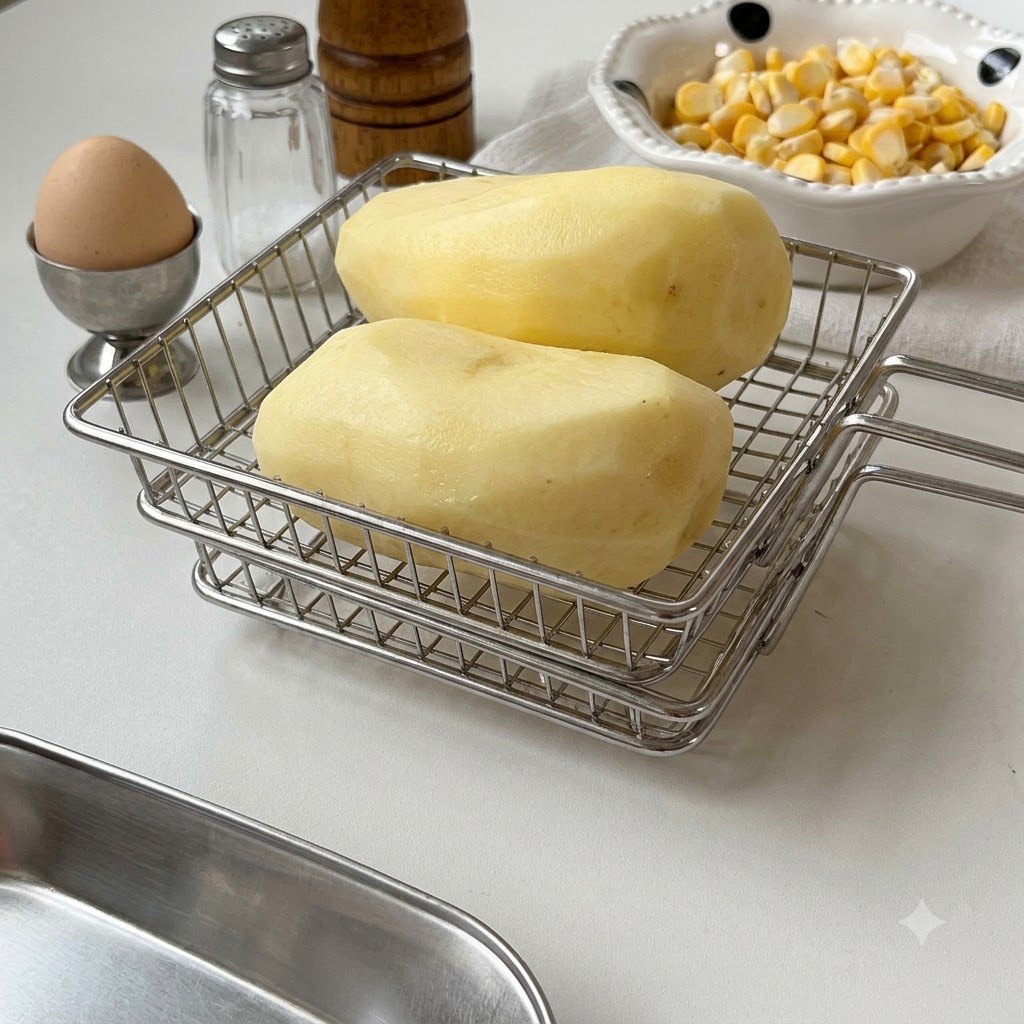 Peeled raw potatoes in a wire rack beside a bowl of sweet corn and a whole egg on a white surface.