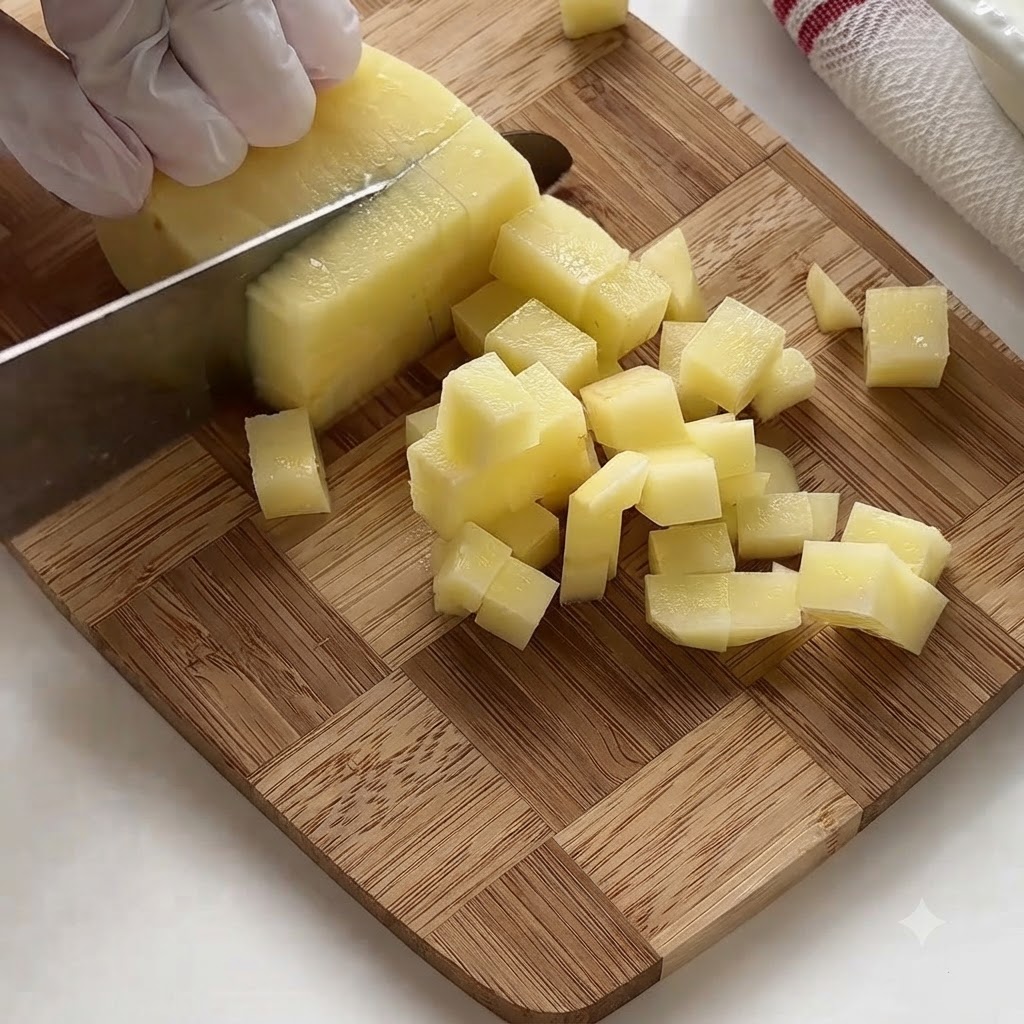Gloved hands slicing raw potatoes into small cubes on a wooden cutting board.