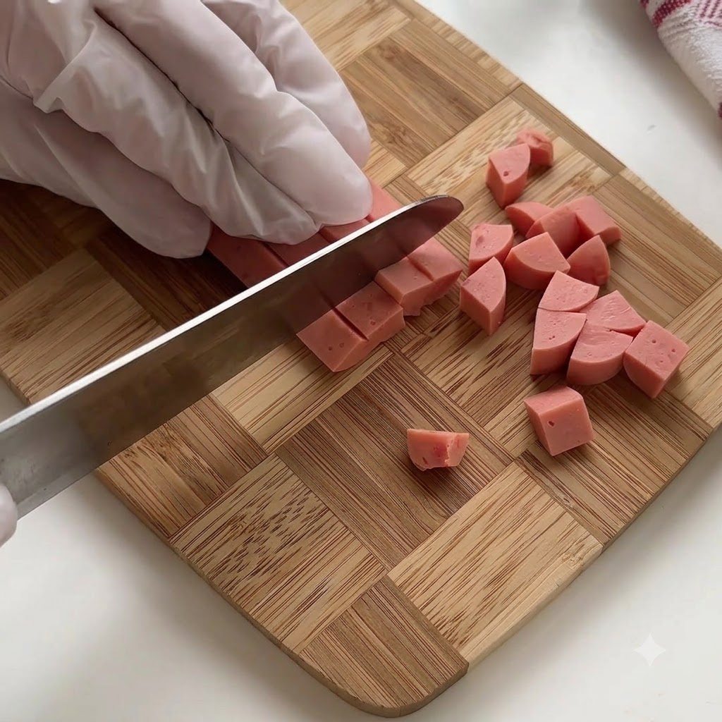 A gloved hand cutting a pink sausage into small rounds on a wooden board.