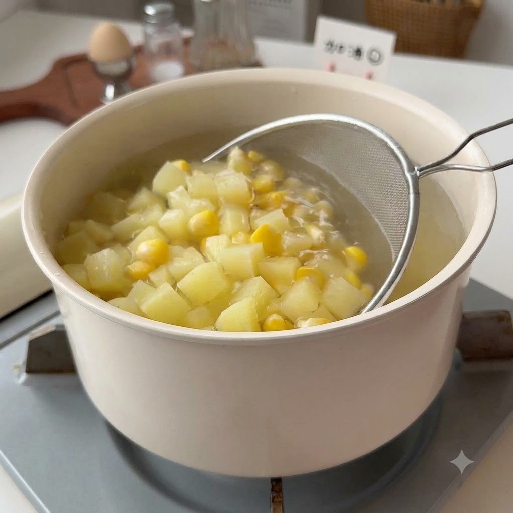 A mesh strainer lifting cooked potato and corn pieces out of a pot of water.