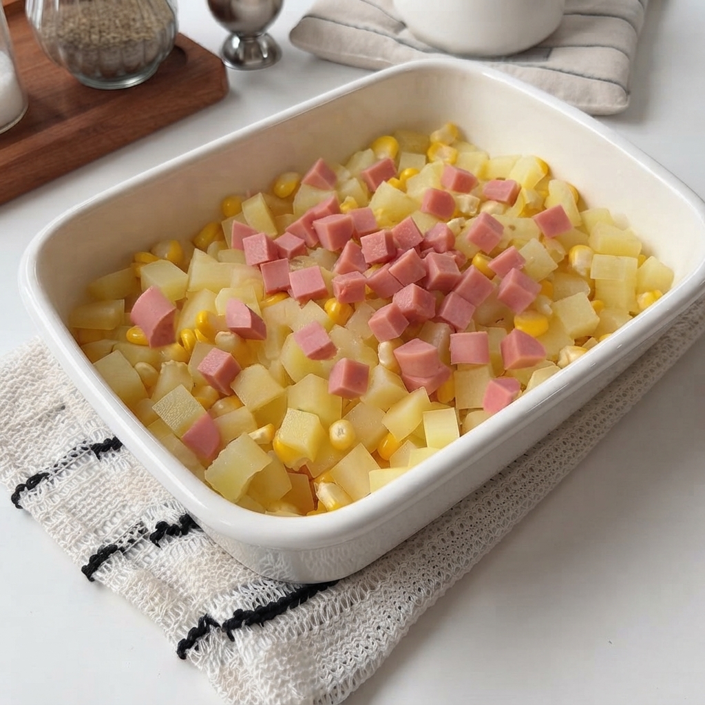 A white baking dish filled with boiled potatoes, corn, and pieces of diced ham.
