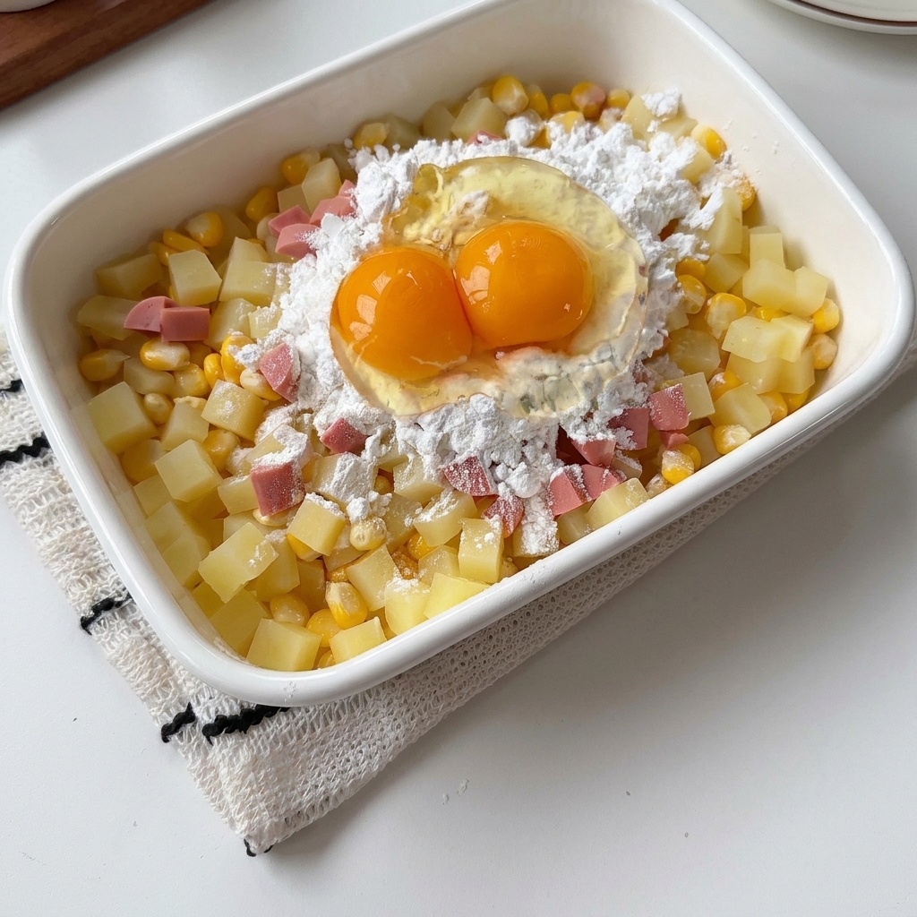 Two whole eggs and black pepper sitting on top of the potato and corn mixture inside the white container.