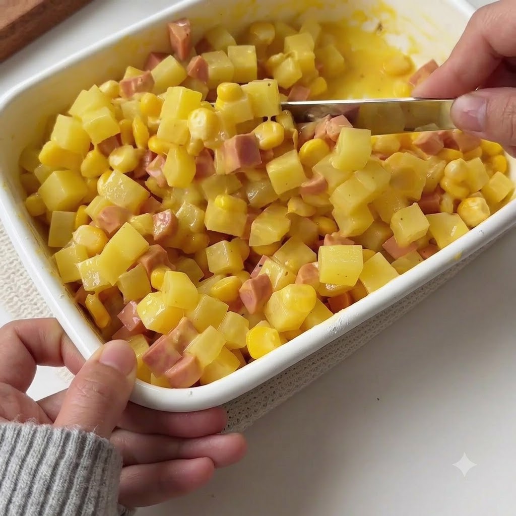 A spatula stirring and mixing all the ingredients inside the white container.