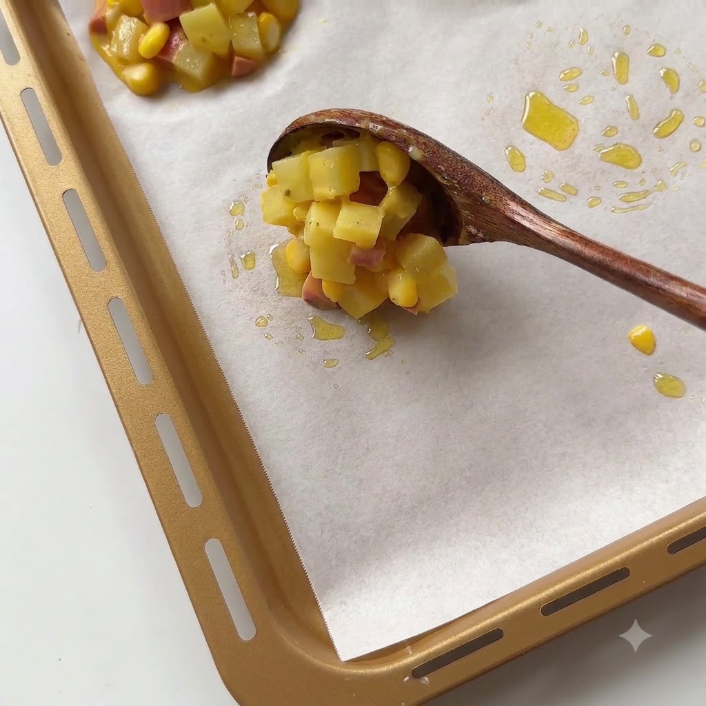 A wooden spoon scooping a portion of the potato mixture onto parchment paper on a baking tray.