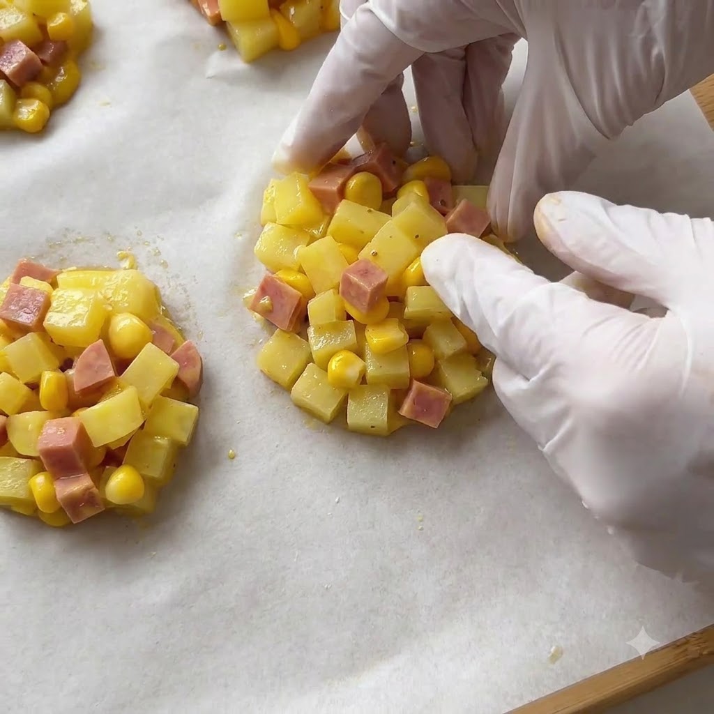 A gloved hand shaping the potato and corn mixture into neat round patties on a baking sheet.