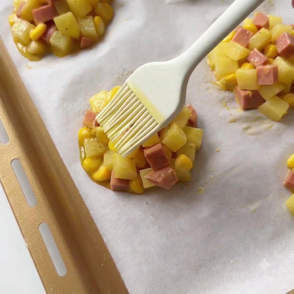 A silicone brush applying cooking oil onto the top of a shaped potato patty.