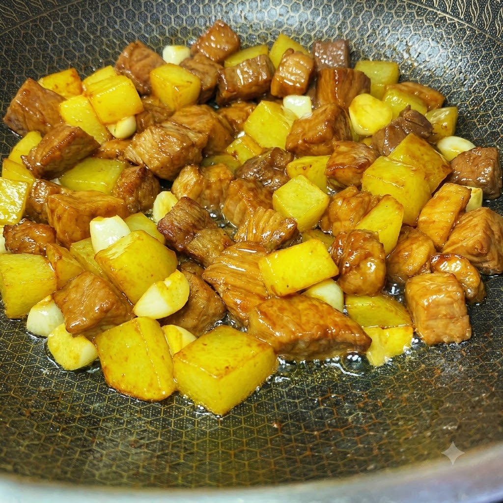 Spices like red chili powder, cumin, and sesame seeds sprinkled over pork and potatoes in a wok.