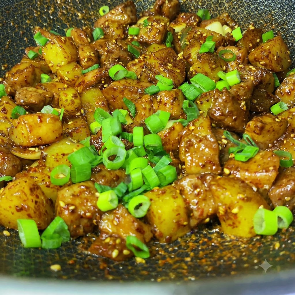 Freshly chopped green scallions scattered over the finished roasted cumin pork and potato cubes in a wok.