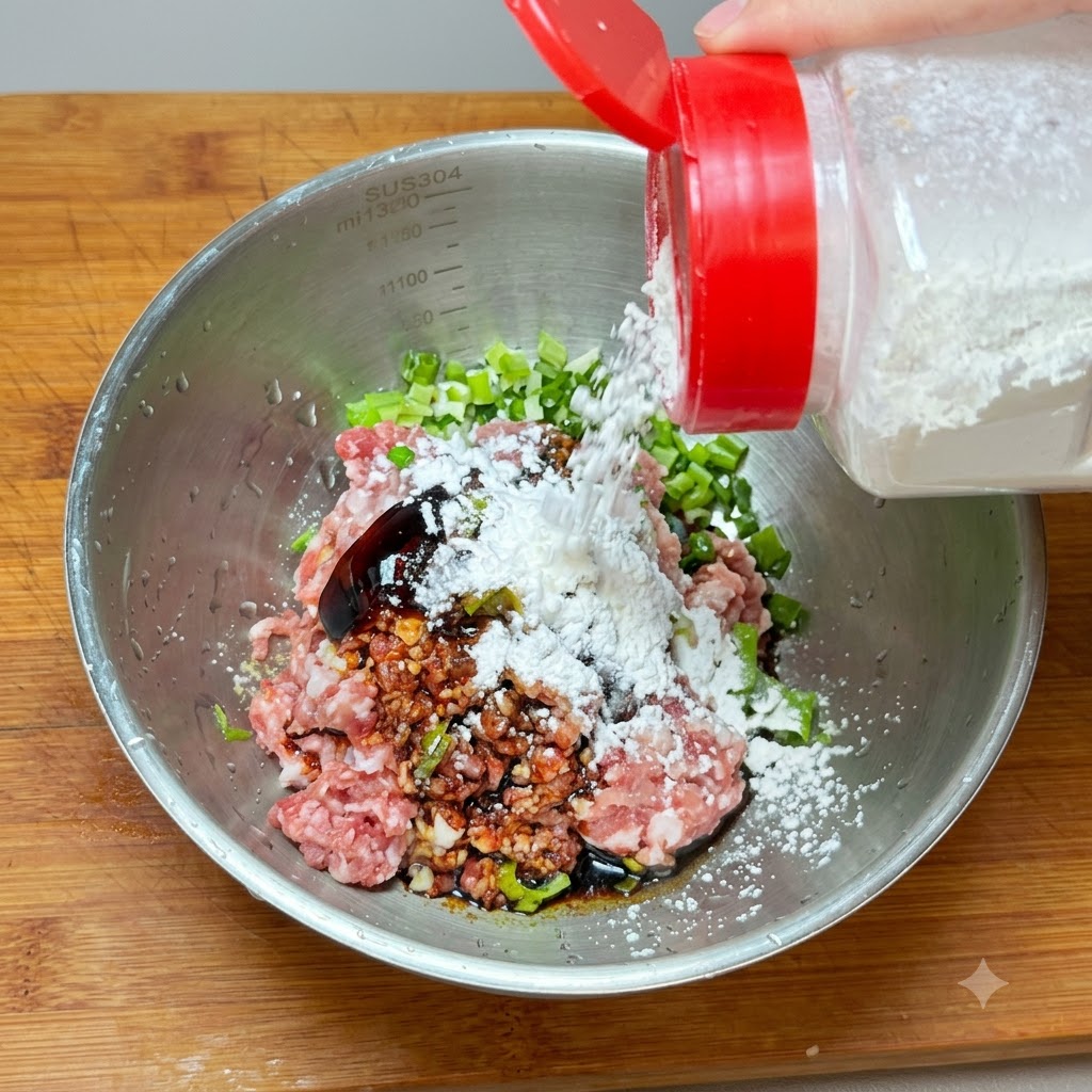 Pouring seasonings and cornstarch into a bowl of ground meat and green onions.