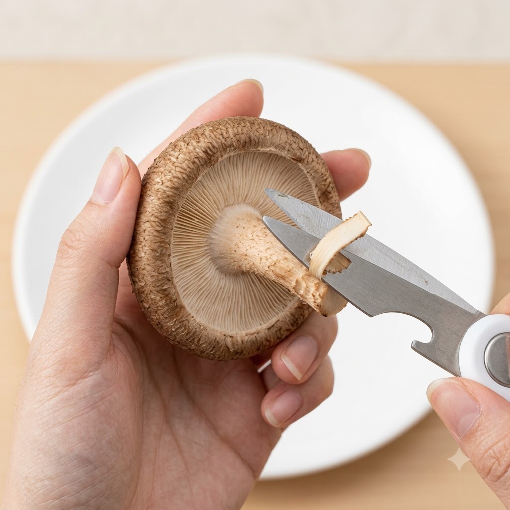 Hands using kitchen scissors to trim the stem of a fresh shiitake mushroom.