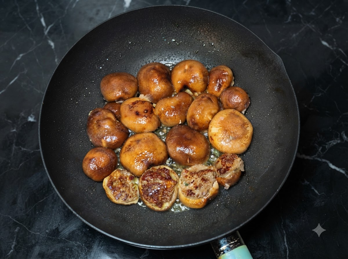 Shiitake mushrooms frying in a wok with some pieces already flipped showing golden brown meat.