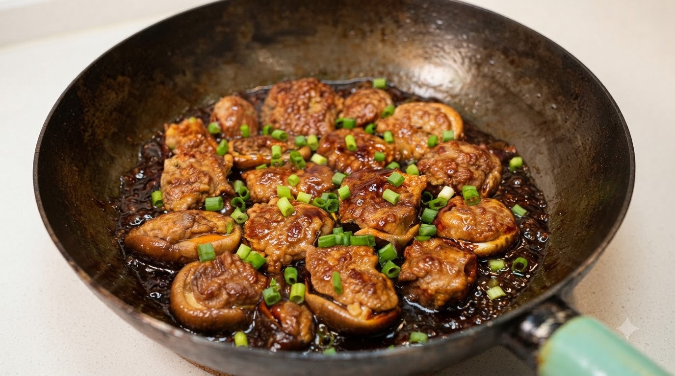 Pan-Fried Shiitake Mushrooms Stuffed with Meat