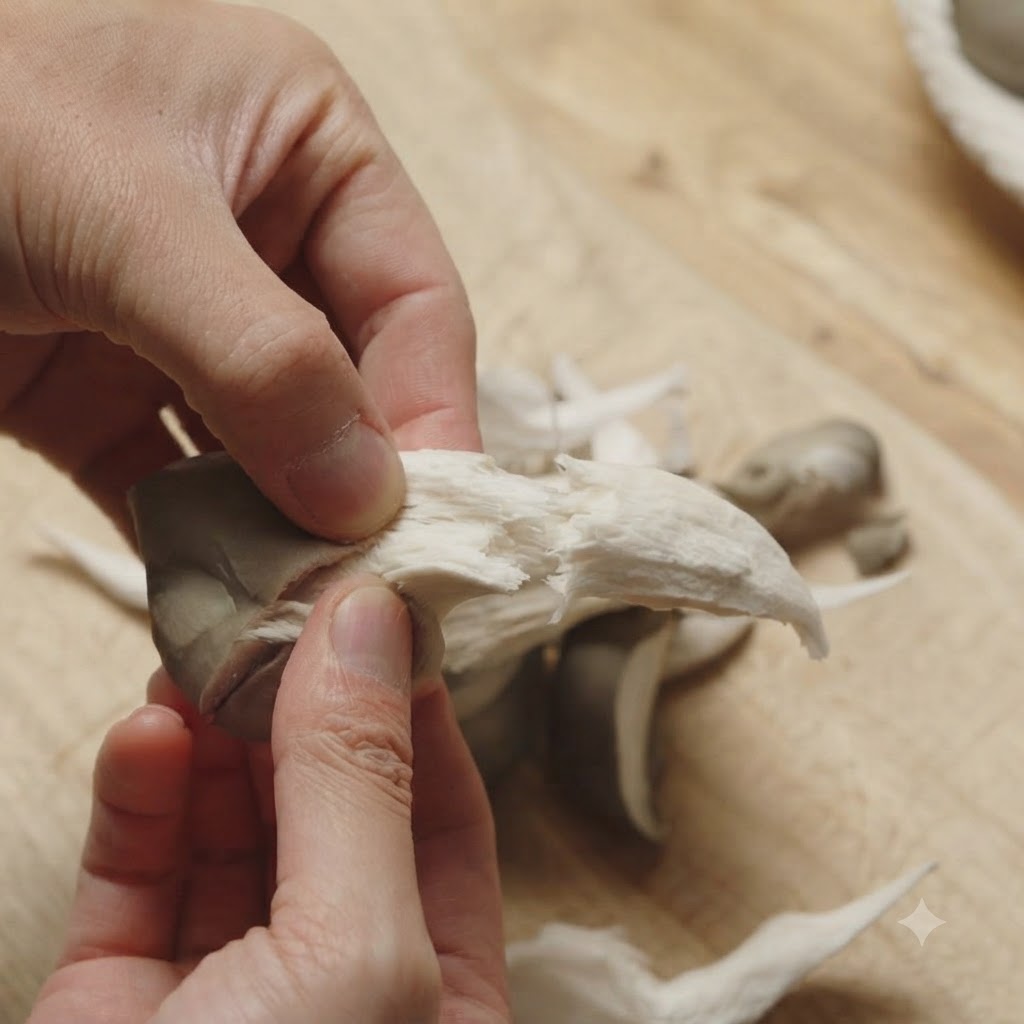 Raw oyster mushrooms being torn into smaller pieces by hand on a wooden board.