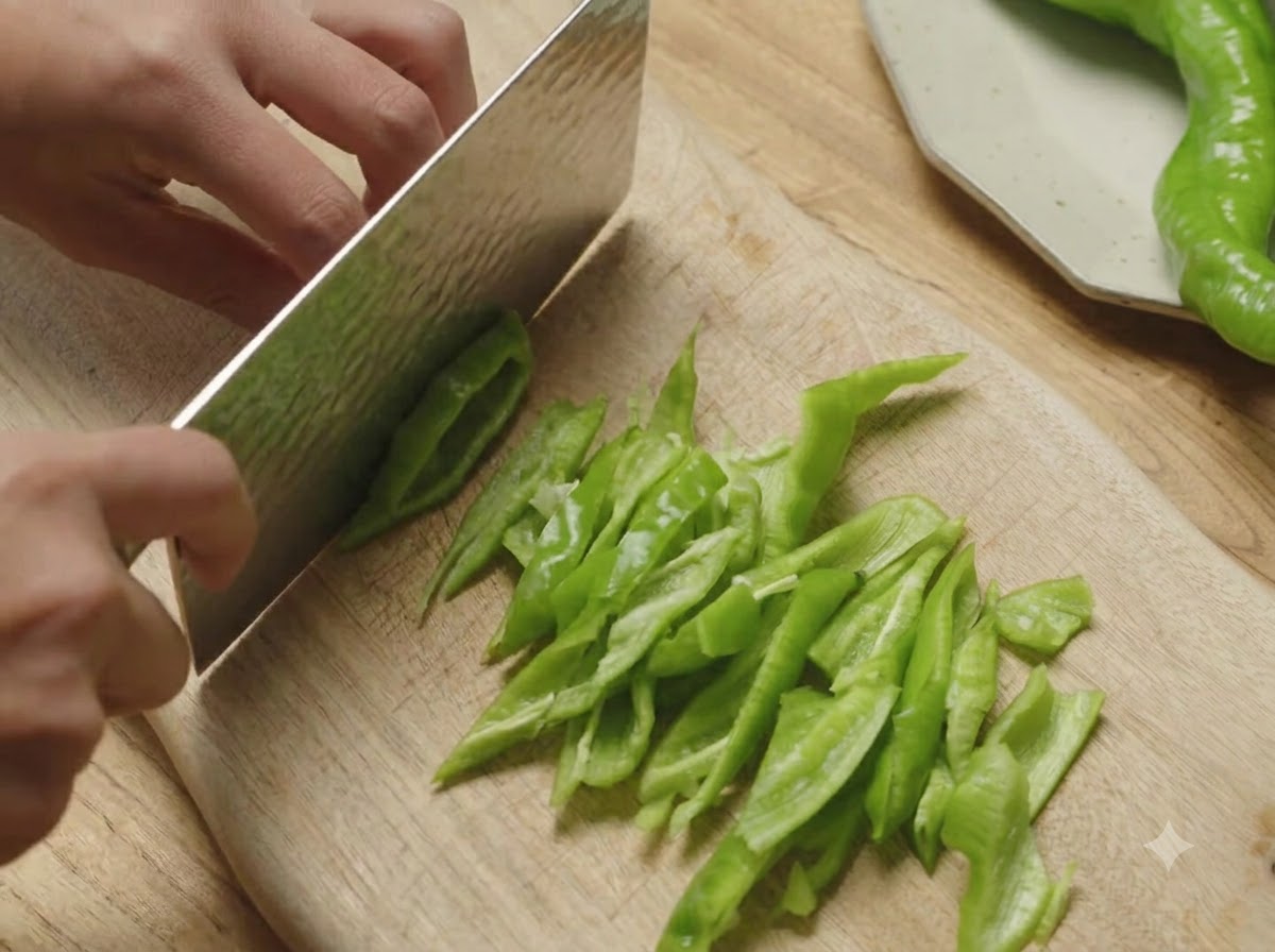 Green spiral peppers being cut into roll-cut pieces on a wooden board with a cleaver.