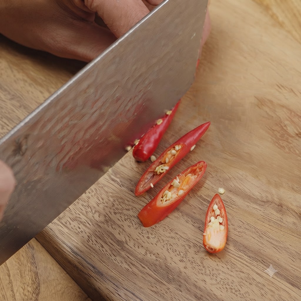 Small red chilies being sliced diagonally on a wooden cutting board with a cleaver.