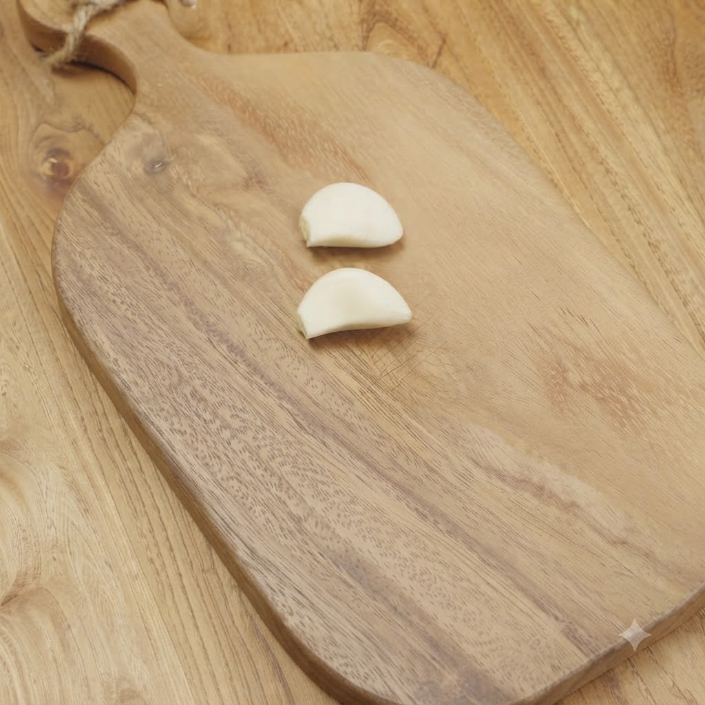 Peeled garlic cloves resting on a wooden cutting board before being smashed.