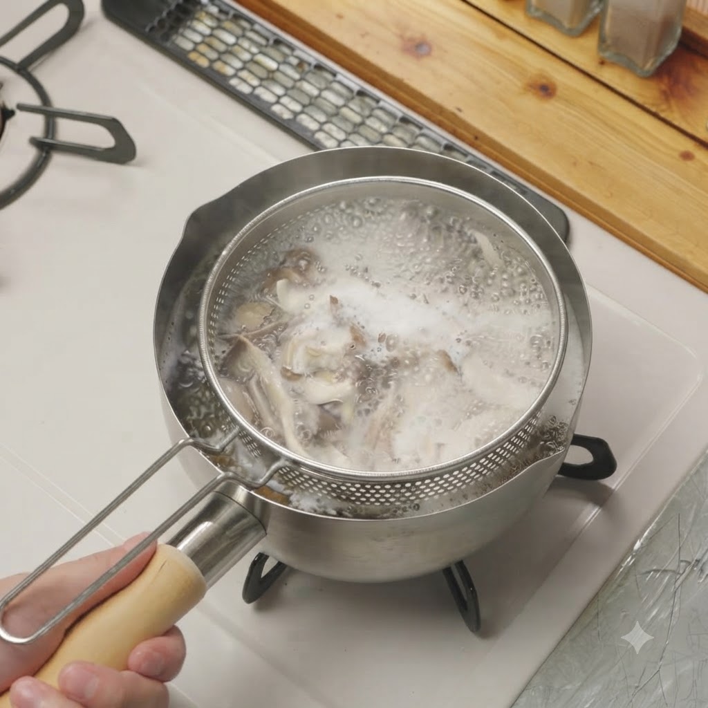 Torn oyster mushrooms being lifted from a pot of boiling water with a wire strainer.