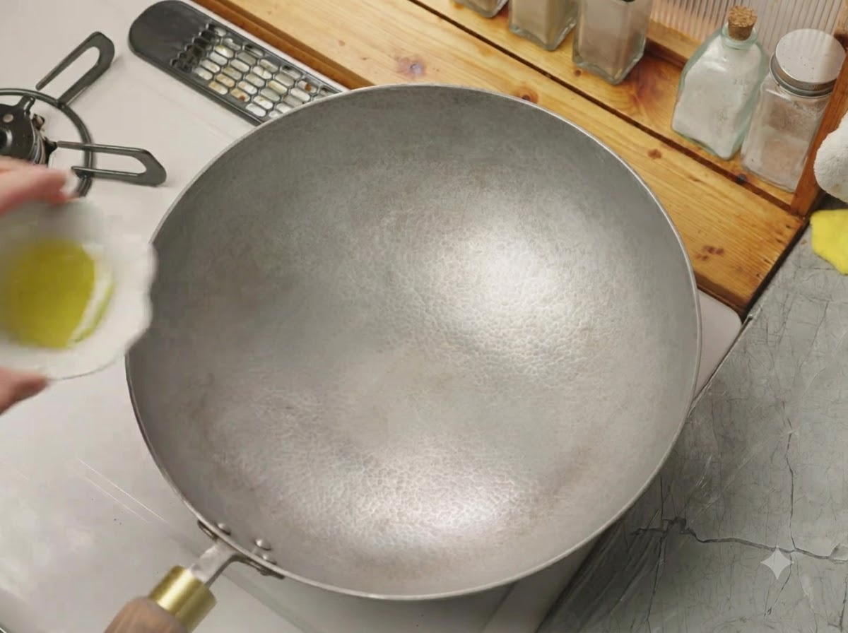 A small bowl pouring cooking oil into a hot, empty wok.