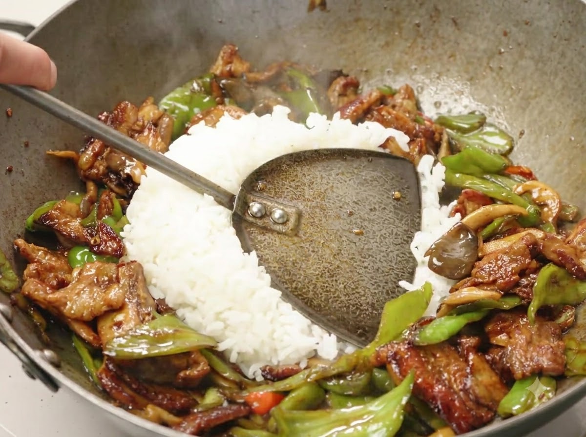 A scoop of white rice being mixed into the center of the finished stir-fry dish in a wok.
