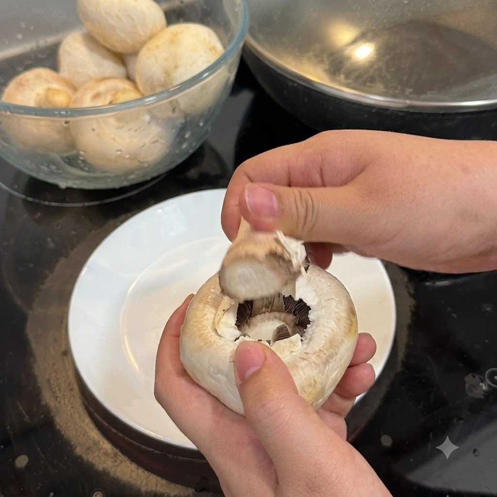 Close-up of hands peeling the outer layer off a white button mushroom above a white plate.