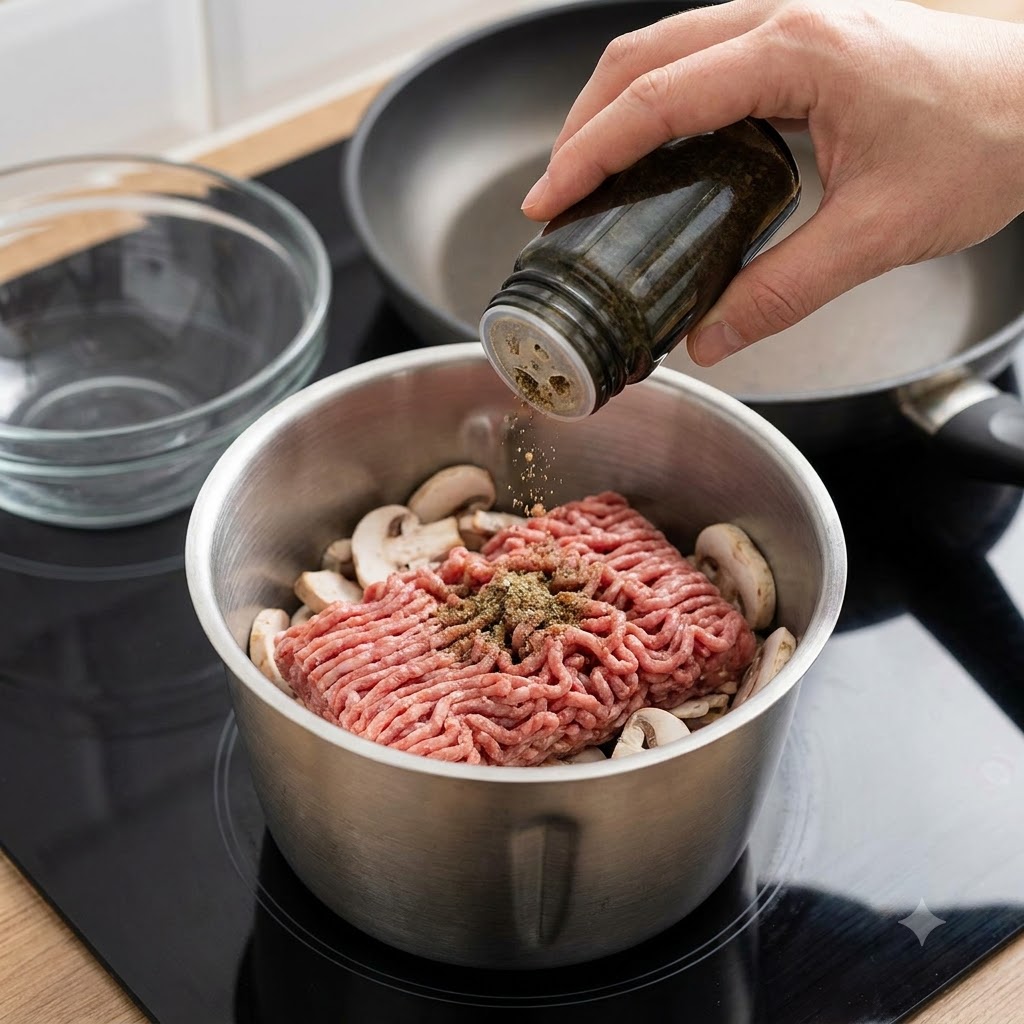 A spoonful of white sugar being poured from a jar into a metal mixing bowl filled with raw ground beef and sliced mushrooms.