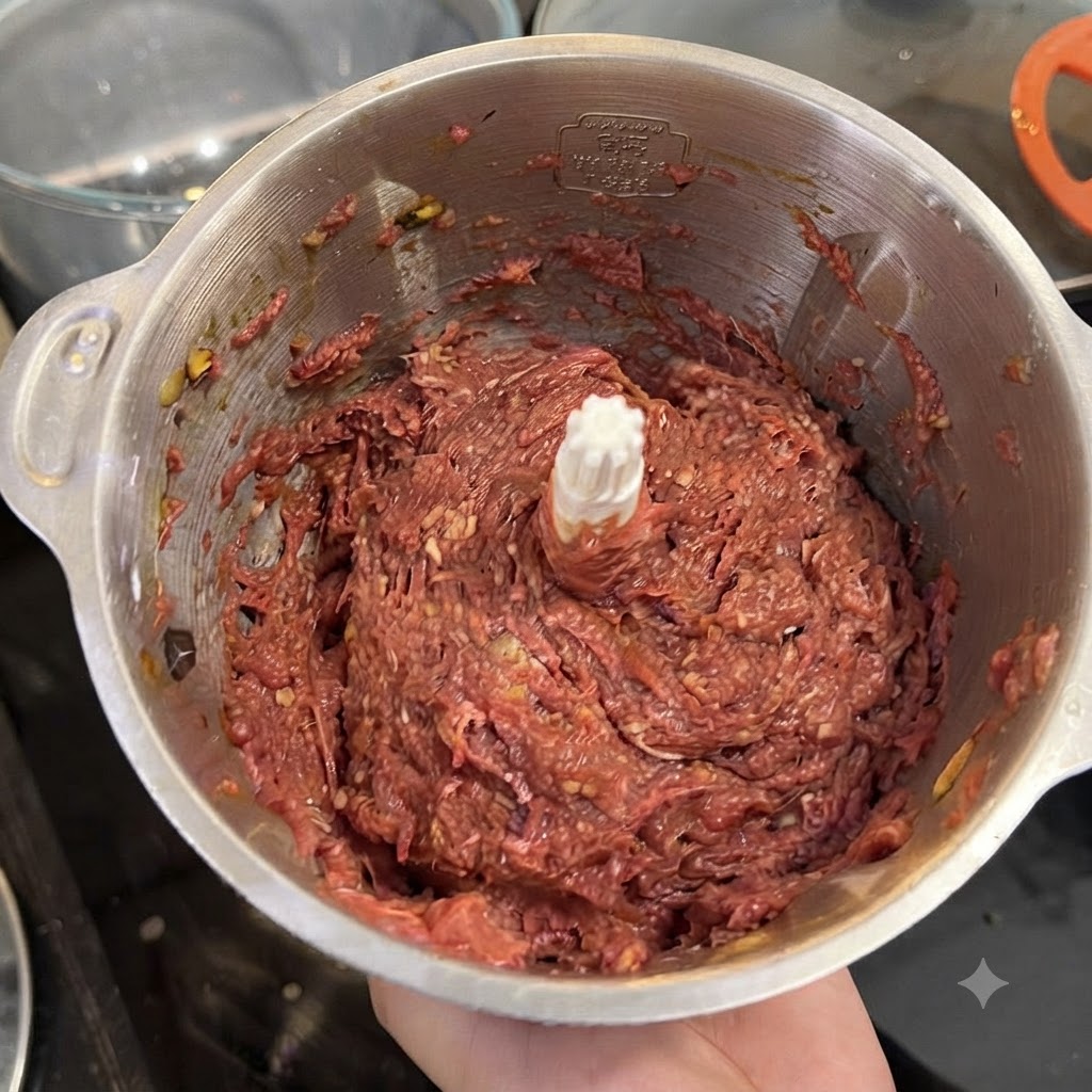Top-down view of a stainless steel food processor bowl filled with finely blended, dark red meat paste.