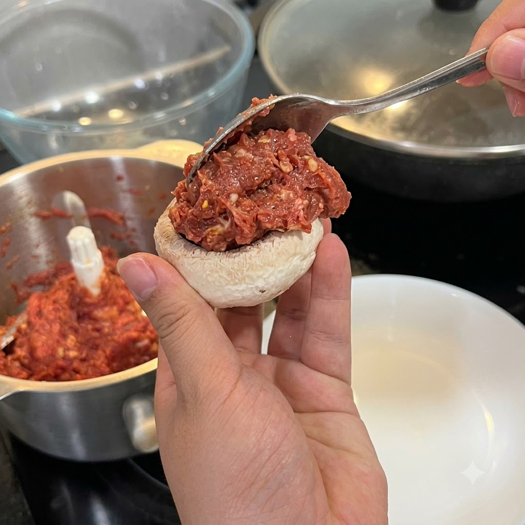 A hand holding a white button mushroom cap while a spoon adds a mound of raw meat paste into it.