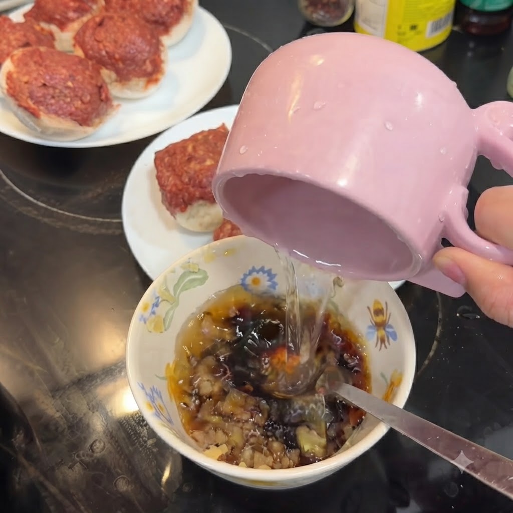 A patterned ceramic bowl containing a dark sauce and minced garlic as clean water is poured into it from a pink pitcher.