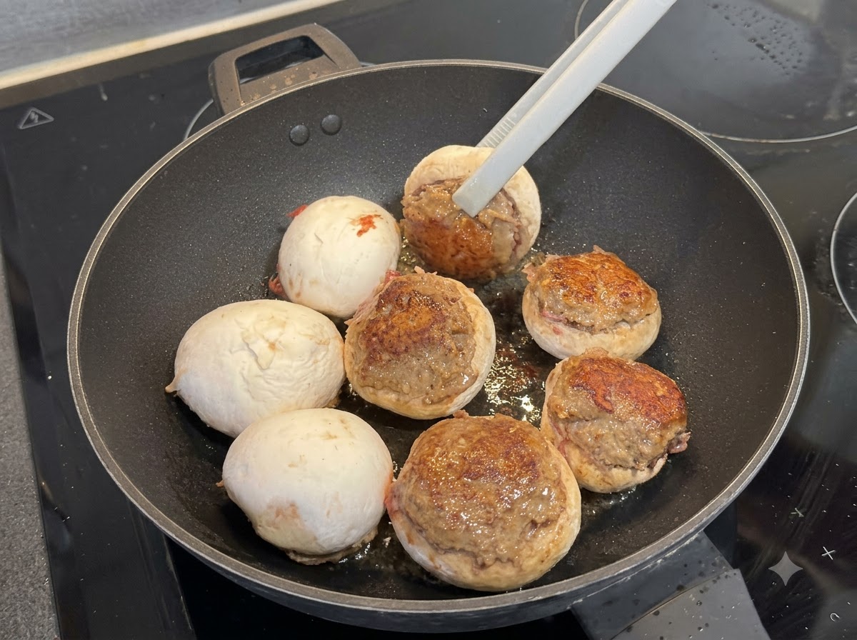Silicone-tipped tongs flipping a stuffed mushroom in a pan, showing a browned meat crust.