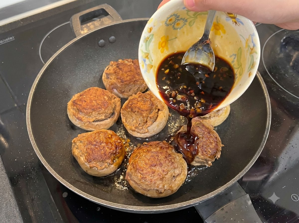 A bowl pouring dark garlic sauce over seared stuffed mushrooms in a frying pan.