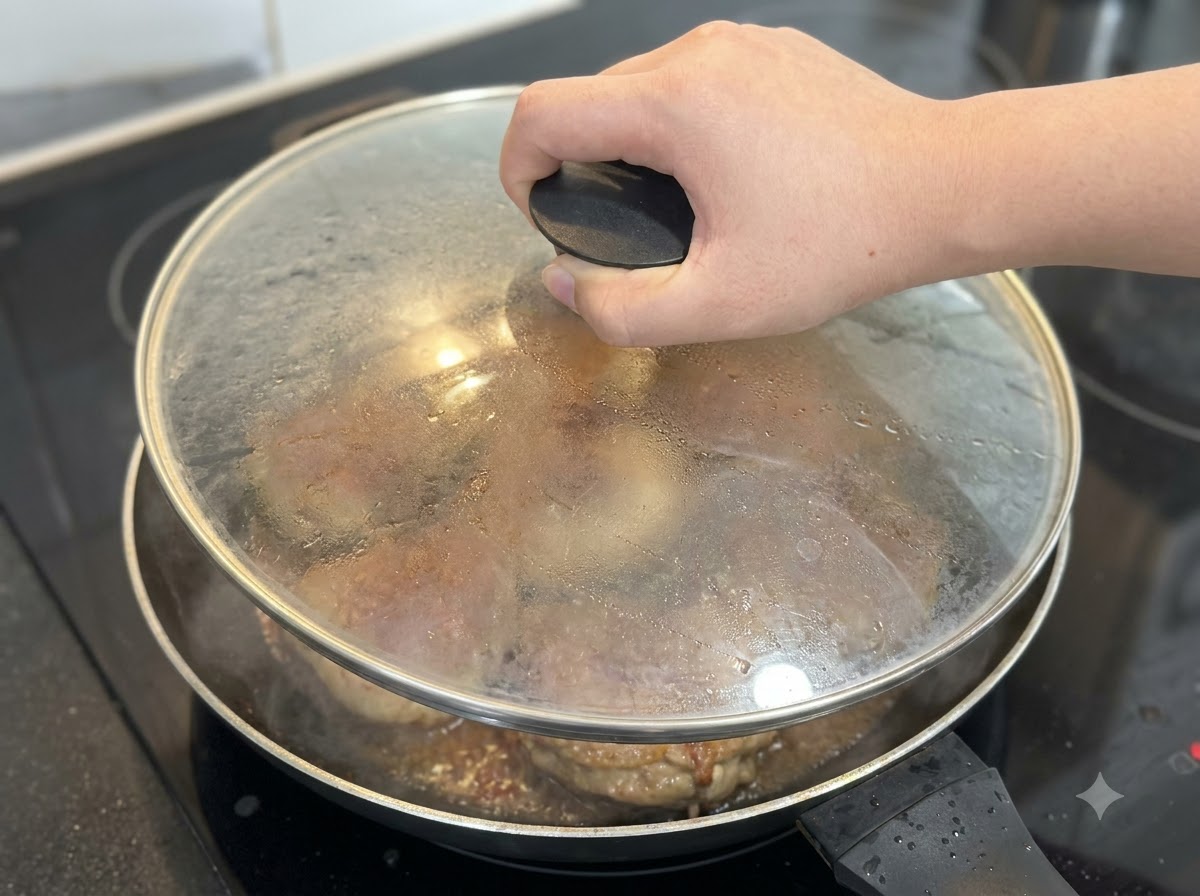 A glass lid being placed on top of a frying pan to cover simmering stuffed mushrooms.