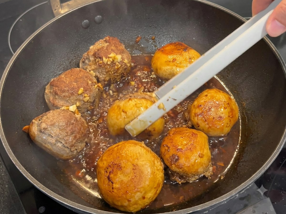 Tongs turning over simmering stuffed mushrooms in a thickening dark sauce.
