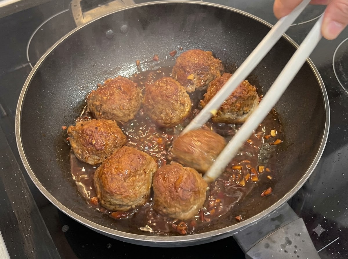 White sesame seeds and chopped green onions being sprinkled from a shaker over glazed stuffed mushrooms simmering in a pan.