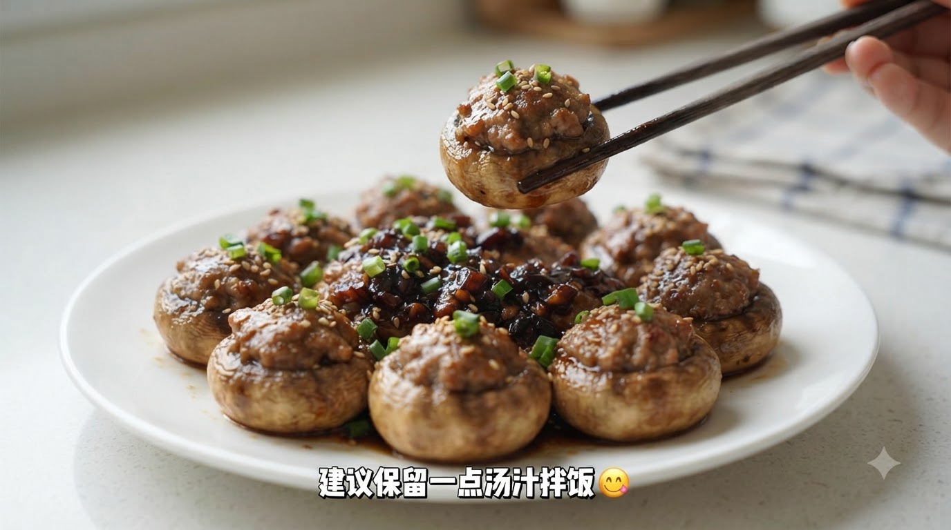 A close-up of glossy, pan-fried meat-stuffed button mushrooms coated in a rich garlic soy sauce and garnished with sesame seeds