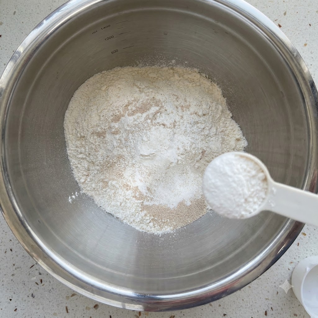 Dry ingredients and a measuring spoon inside a large stainless steel bowl with added water.